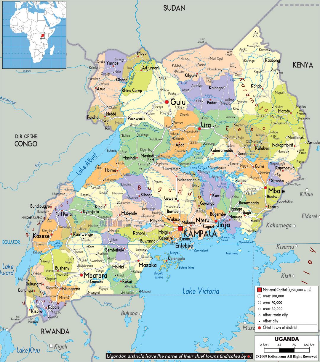 Большая политическая и административная карта Уганды с дорогами, городами и аэропортами