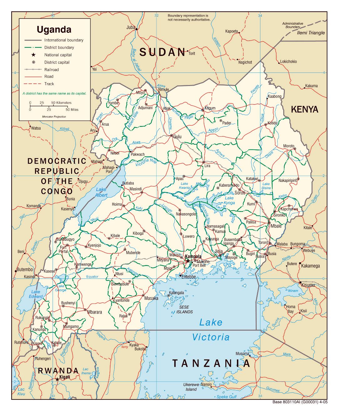 Большая политическая и административная карта Уганды с дорогами, железными дорогами и крупными городами - 2005