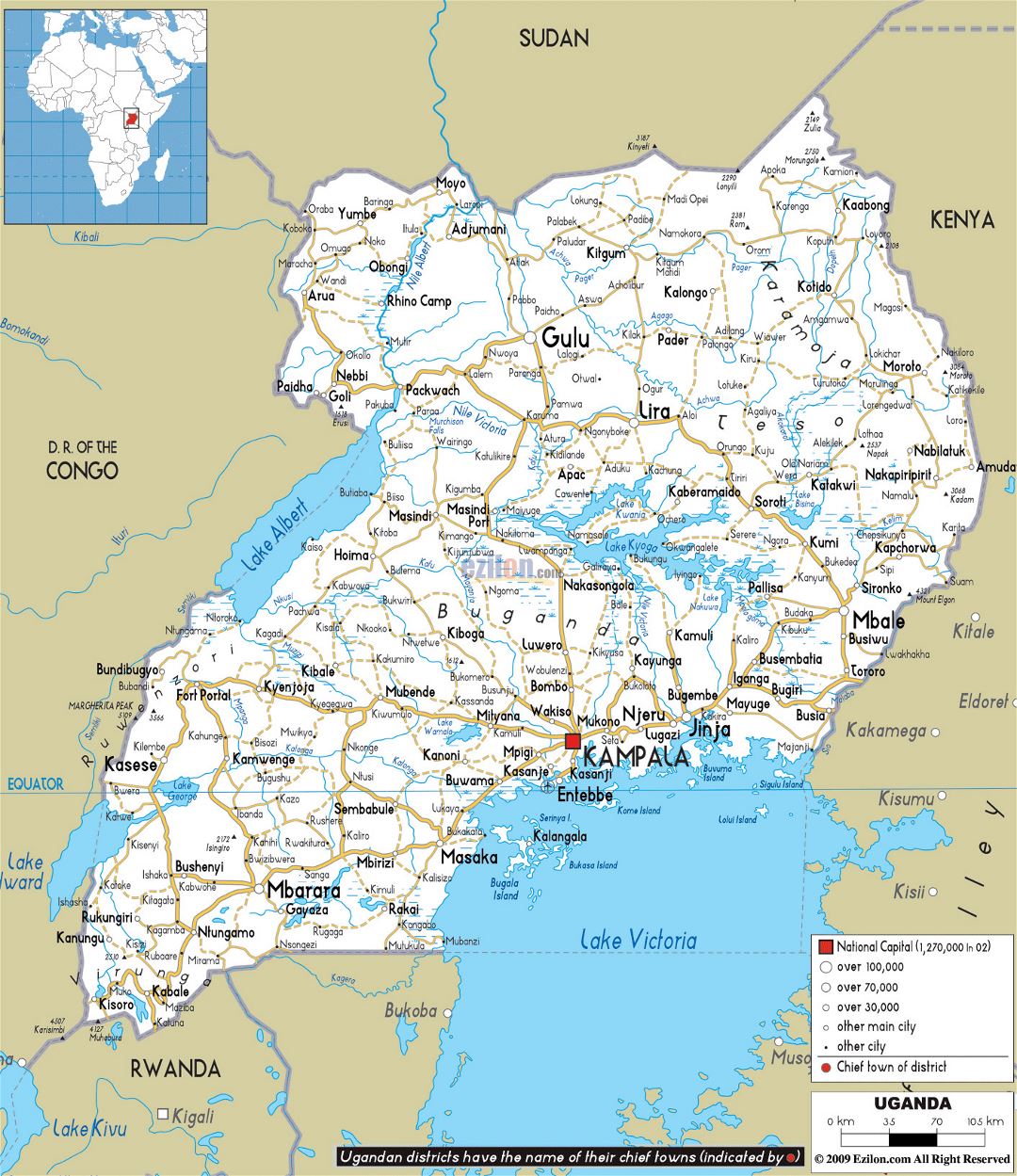 Большая карта дорог Уганды с городами и аэропортами
