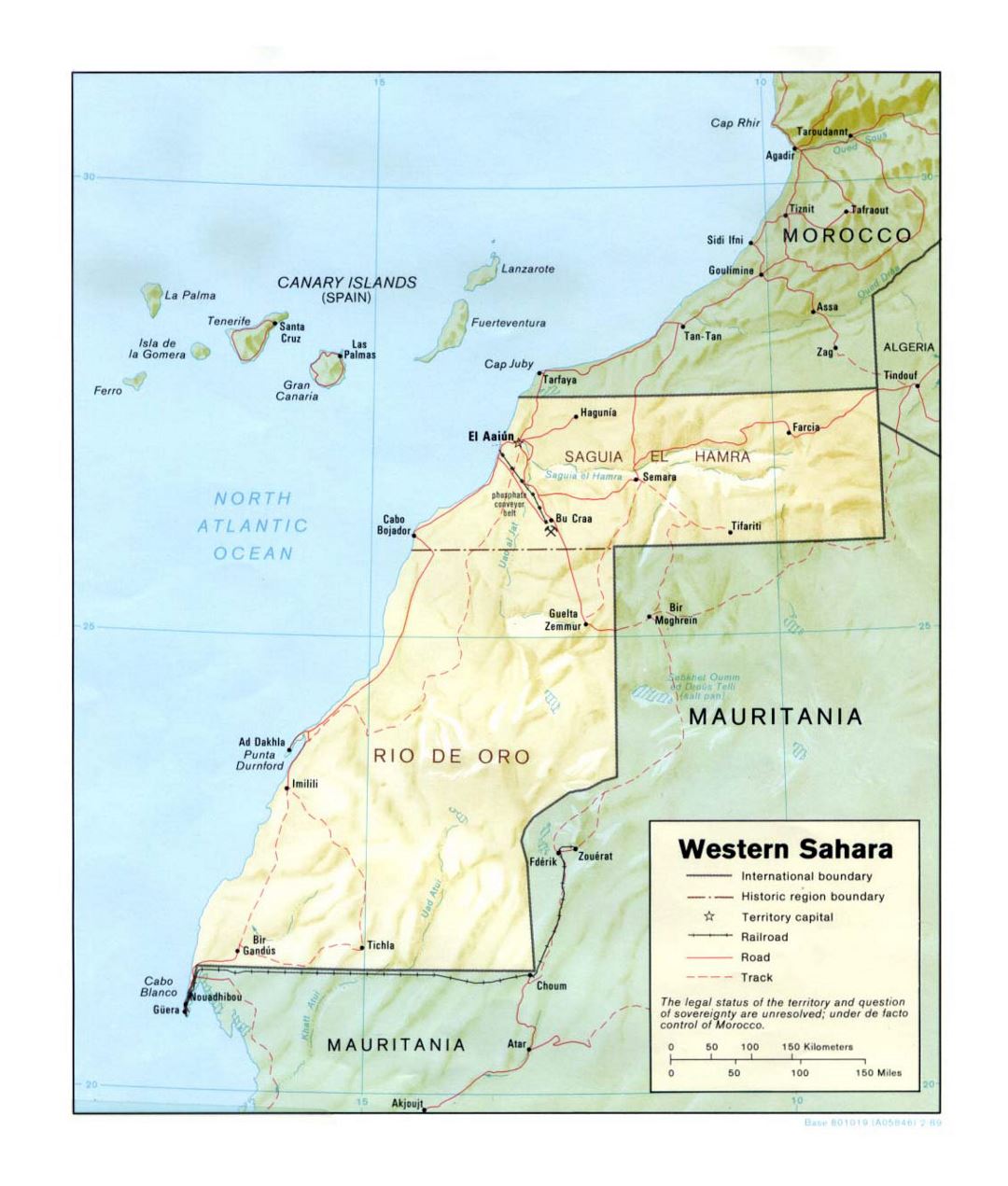 Детальная политическая карта Западной Сахары с рельефом, дорогами, железными дорогами и крупными городами - 1989