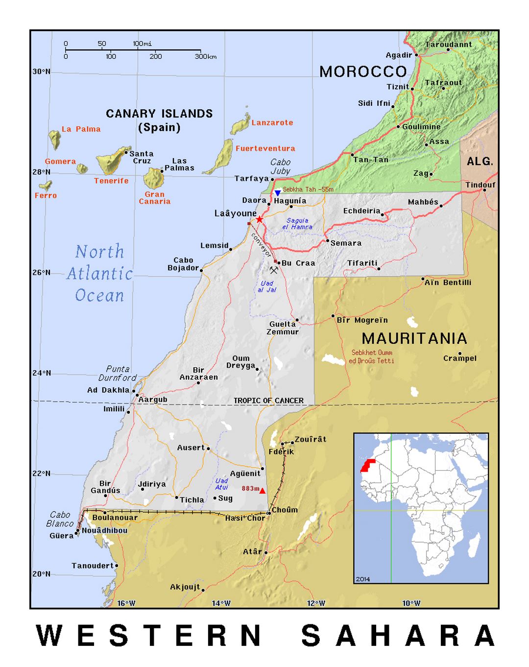 Детальная политическая карта Западной Сахары с рельефом