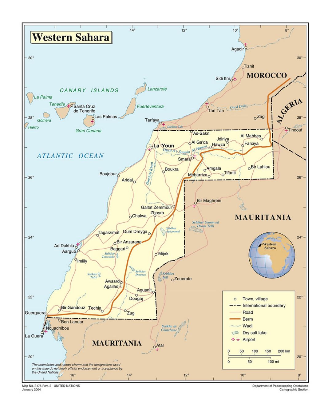 Детальная политическая карта Западной Сахары с дорогами, городами, аэропортами и другими пометками