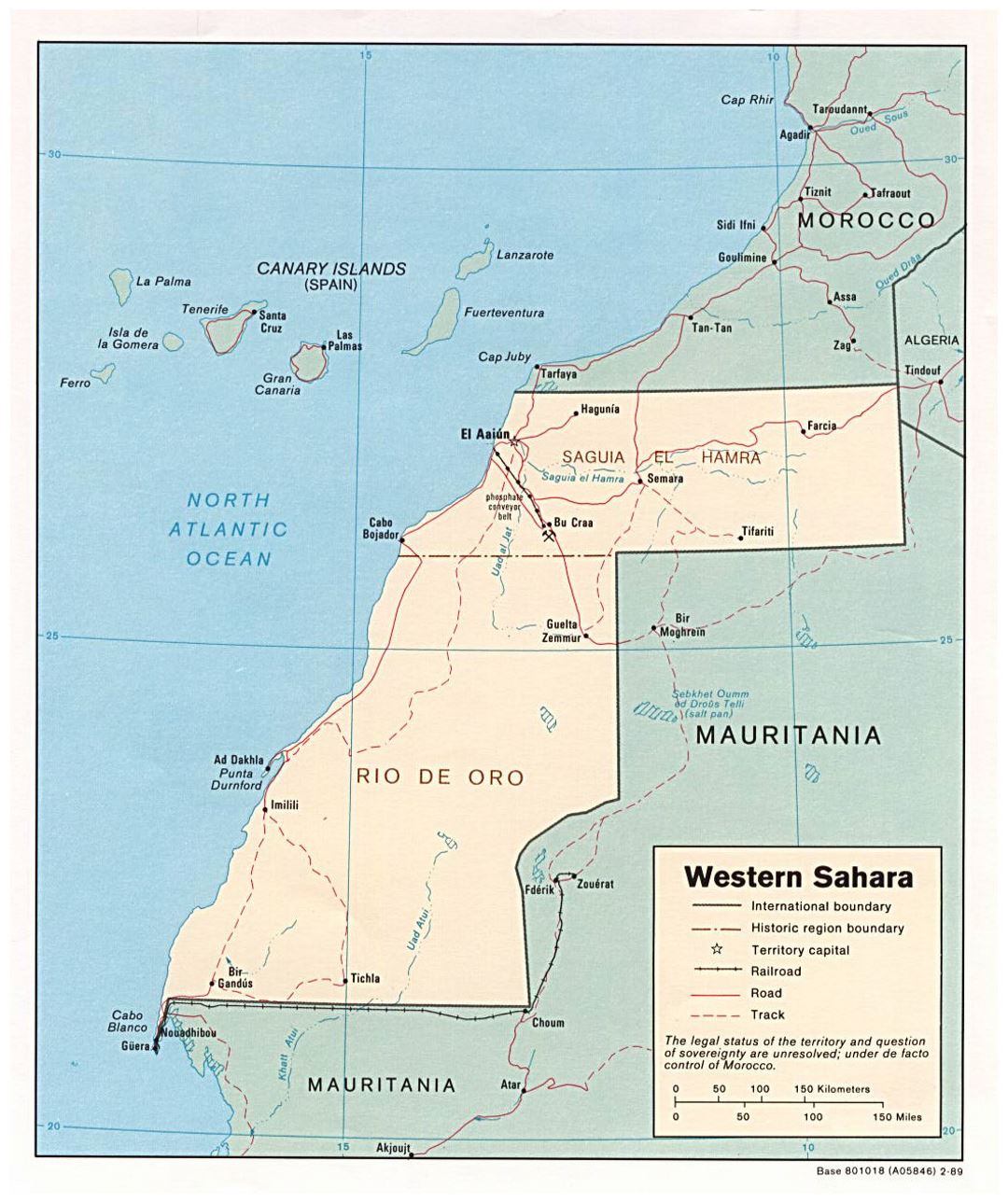 Детальная политическая карта Западной Сахары с дорогами, железными дорогами и крупными городами - 1989