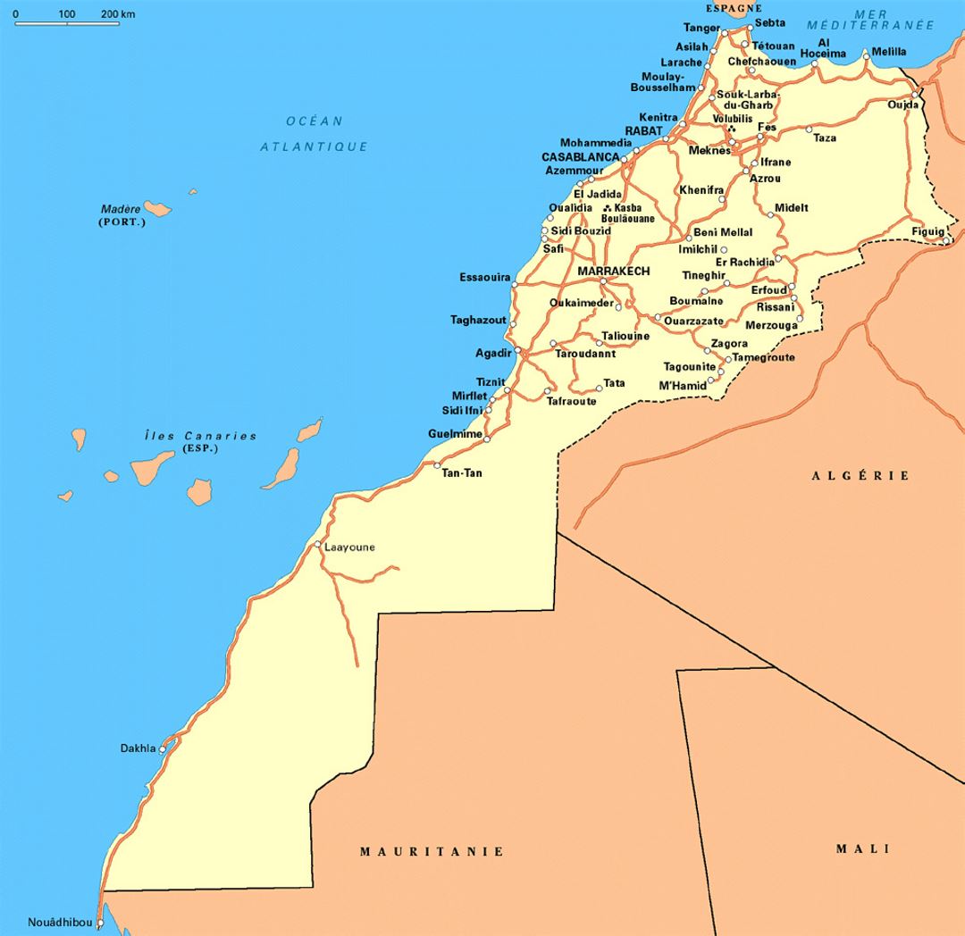 Детальная карта дорог Западной Сахары и Марокко