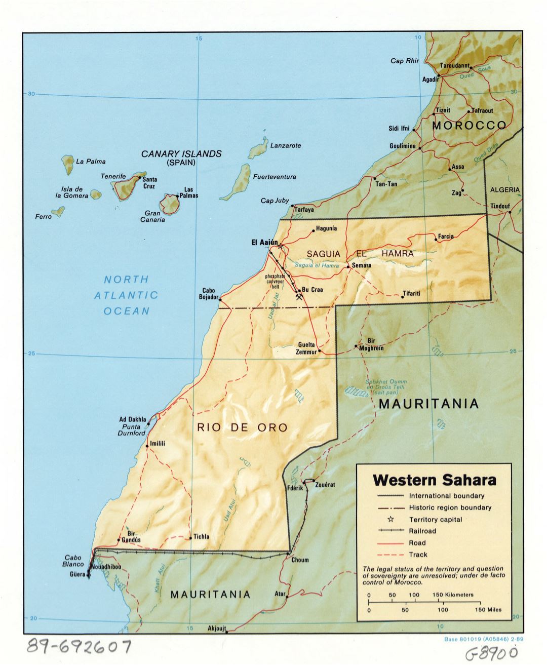 Большая детальная политическая и административная карта Западной Сахары с рельефом, дорогами, железными дорогами и крупными городами - 1989