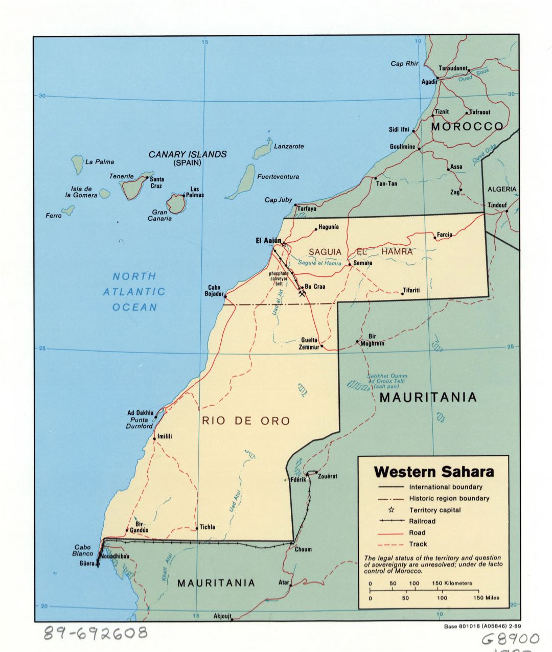 Большая детальная политическая и административная карта Западной Сахары с дорогами, железными дорогами и крупными городами - 1989