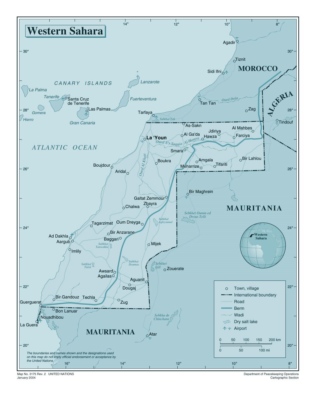 Большая детальная политическая карта Западной Сахары с дорогами, городами, аэропортами и другими пометками