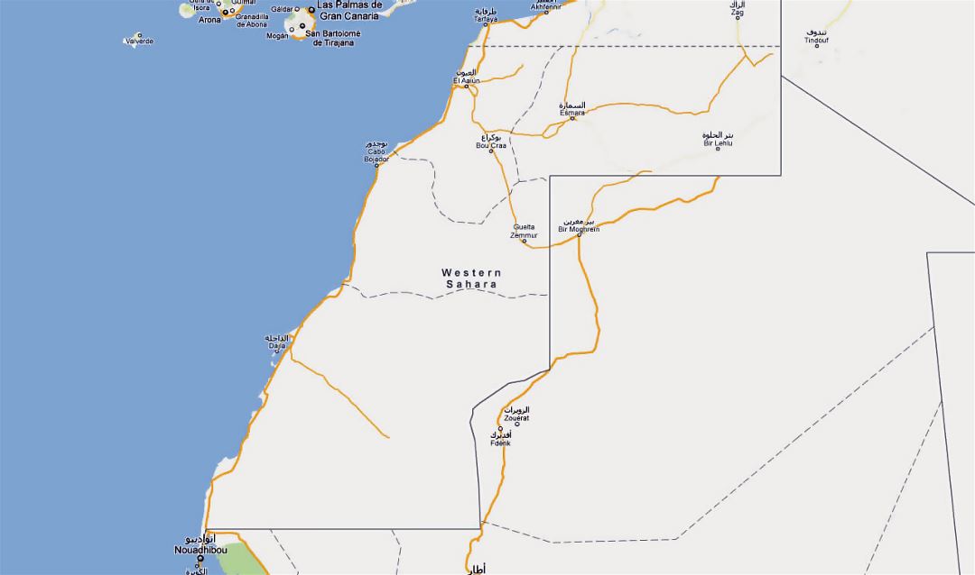 Большая карта дорог Западной Сахары с городами