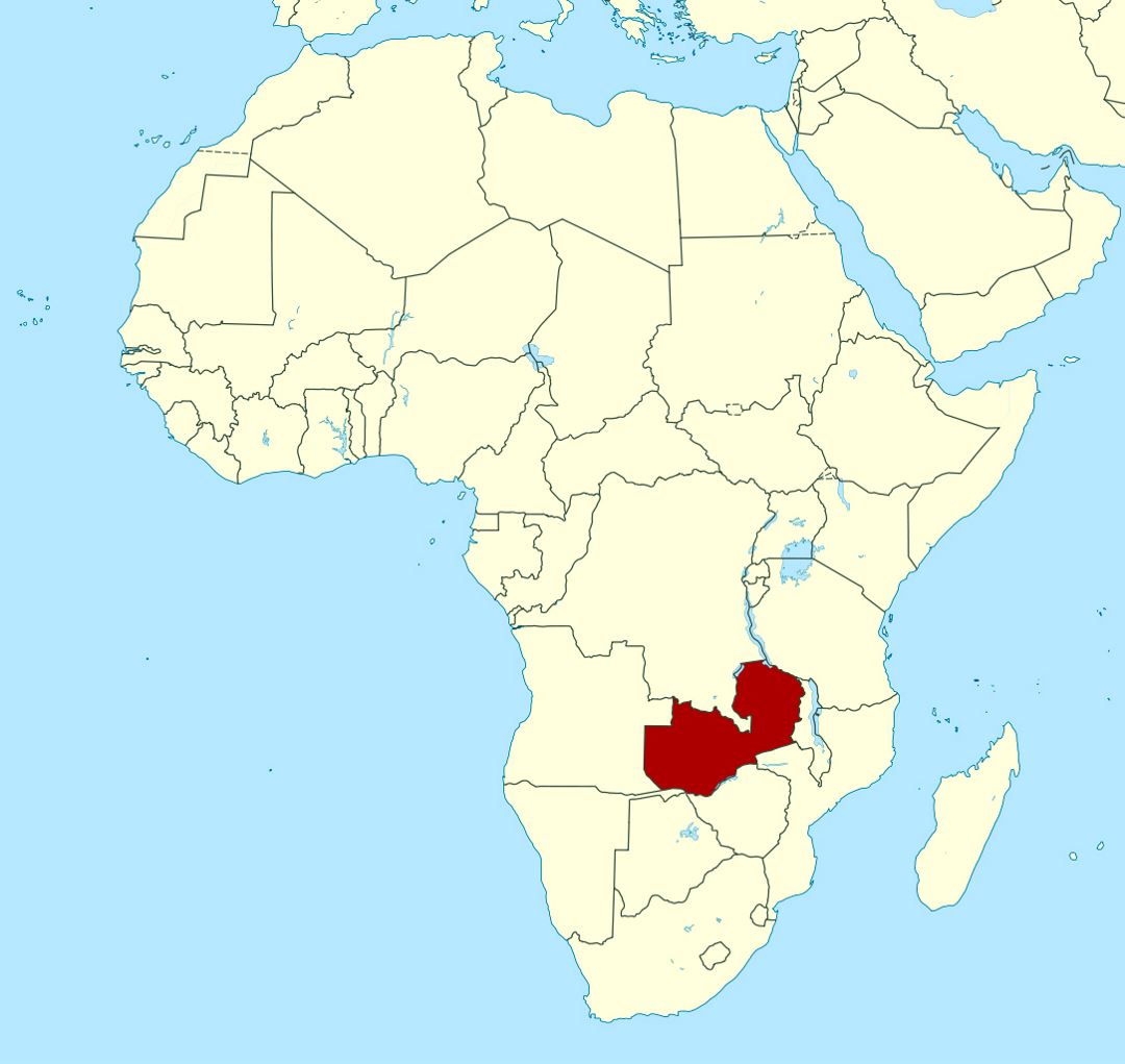 Детальная карта расположения Замбии в Африке