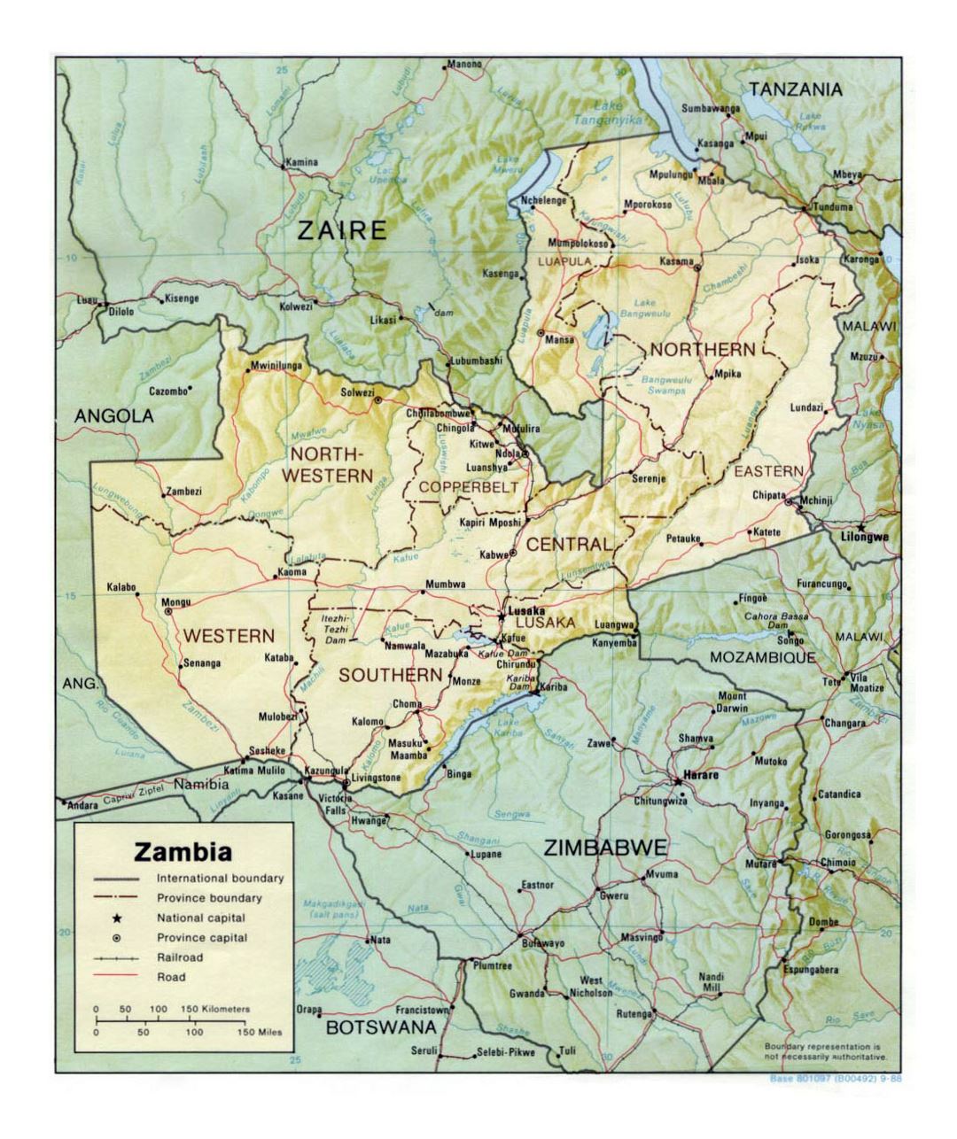 Детальная политическая и административная карта Замбии с рельефом, дорогами, железными дорогами и крупными городами - 1988