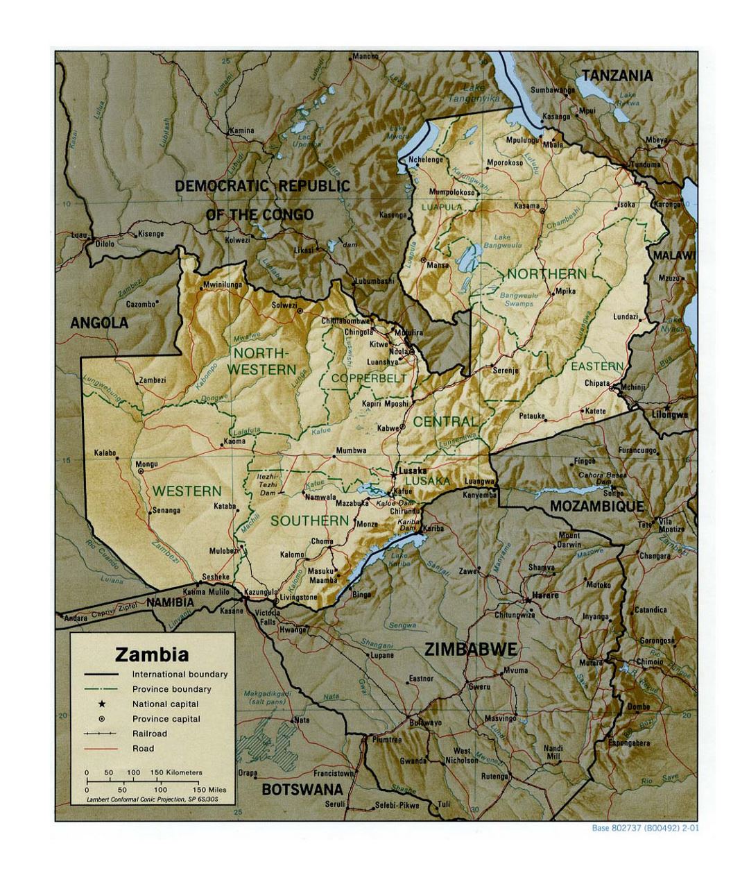 Детальная политическая и административная карта Замбии с рельефом, дорогами, железными дорогами и крупными городами - 2001