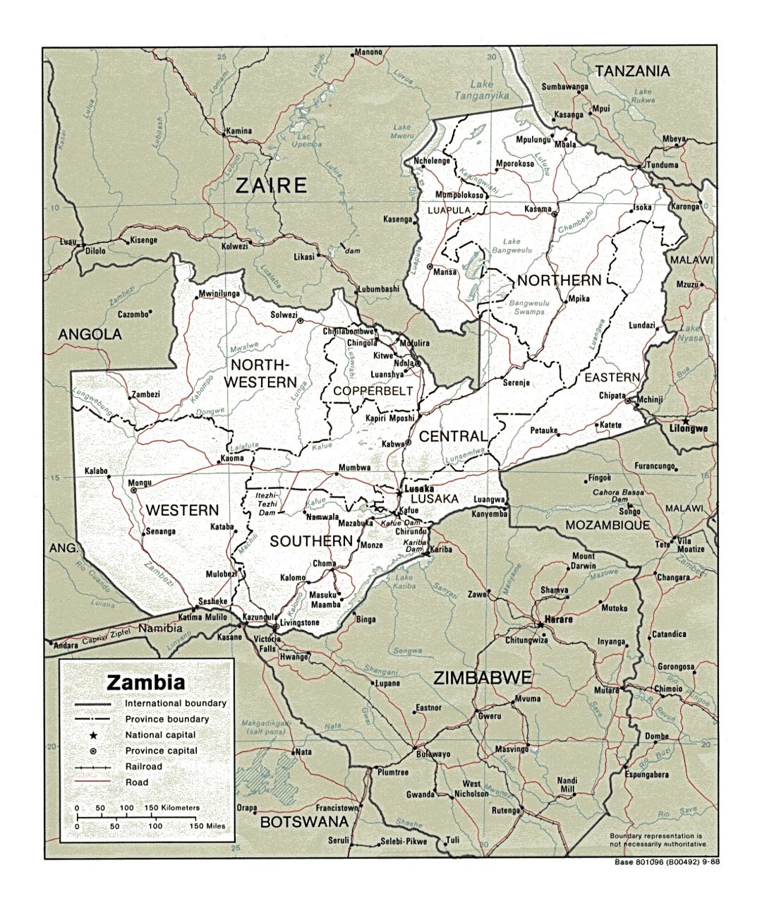 Детальная политическая и административная карта Замбии с дорогами, железными дорогами и крупными городами - 1988