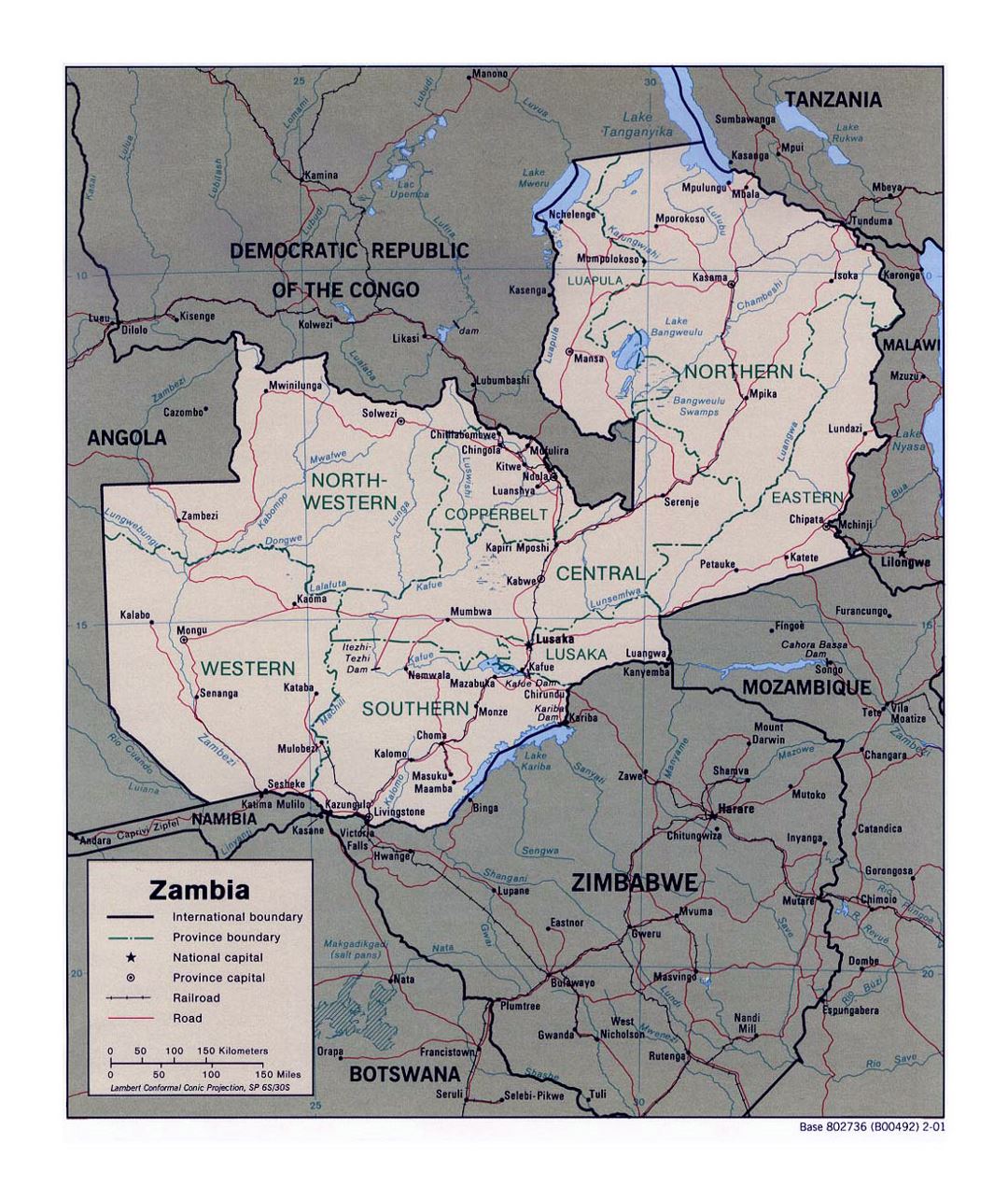 Детальная политическая и административная карта Замбии с дорогами, железными дорогами и крупными городами - 2001