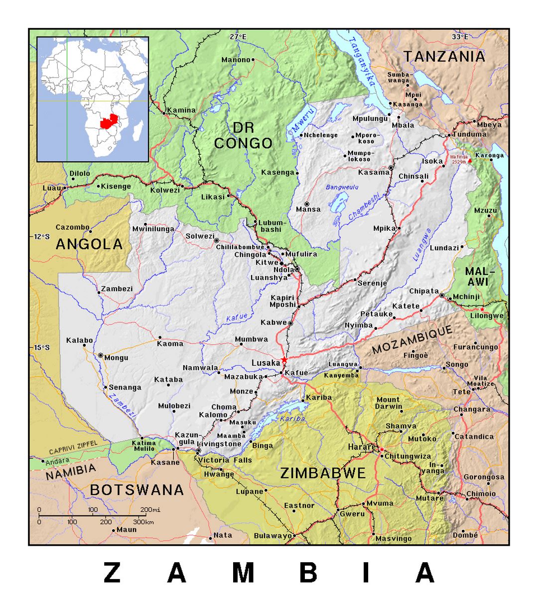 Детальная политическая карта Замбии с рельефом