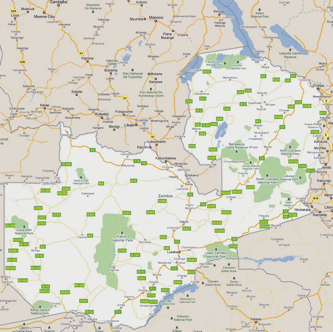 Детальная карта дорог Замбии с городами и национальными парками