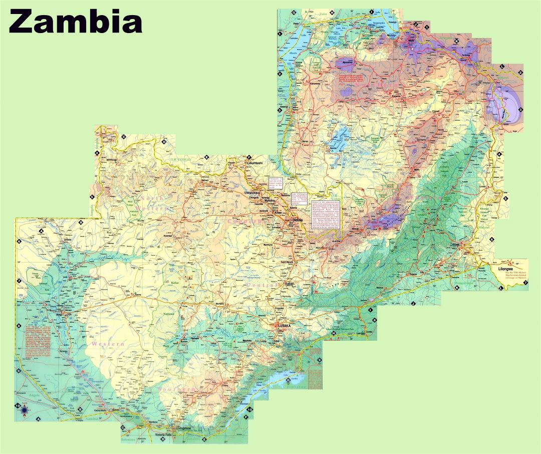 Большая детальная карта высот Замбии с дорогами, городами, малыми городами и другими пометками