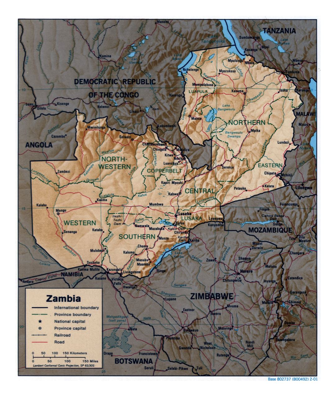 Большая детальная политическая и административная карта Замбии с рельефом, дорогами, железными дорогами и крупными городами - 2001