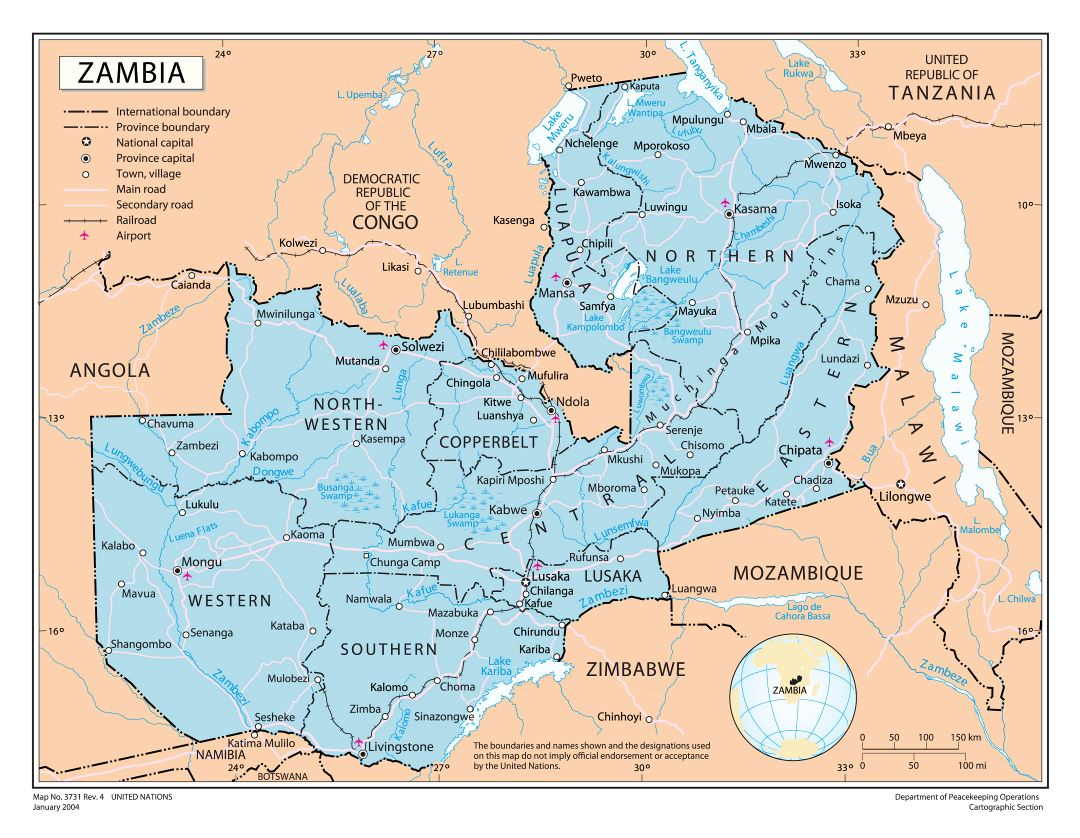 Большая детлаьная политическая и административная карта Замбии с дорогами, железными дорогами, всеми городами и аэропортами
