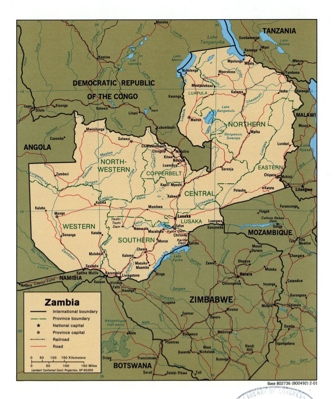 Большая детальная политическая и административная карта Замбии с дорогами, железными дорогами и крупными городами - 2001