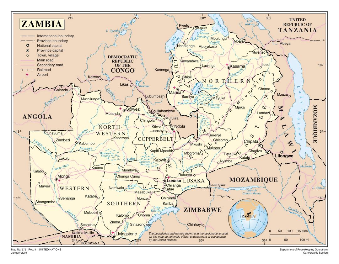 Большая детальная политическая и административная карта Замбии с дорогами, железными дорогами, городами и аэропортами
