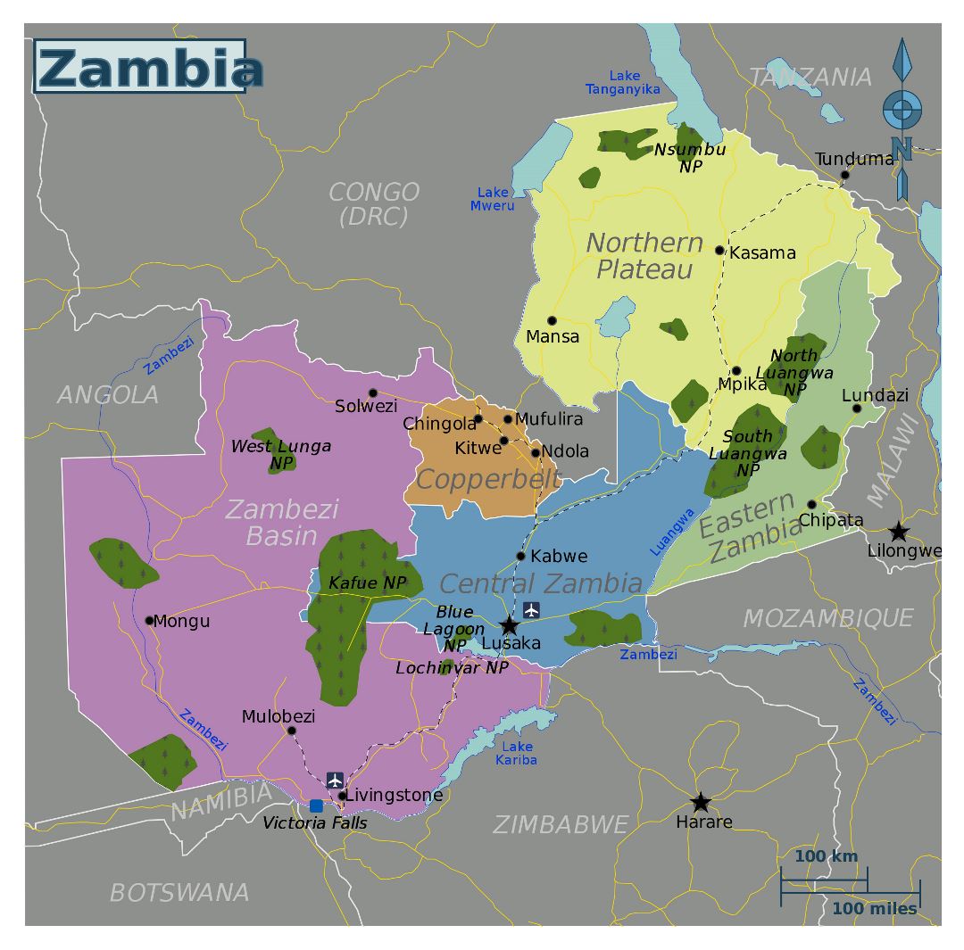 Большая карта регионов Замбии