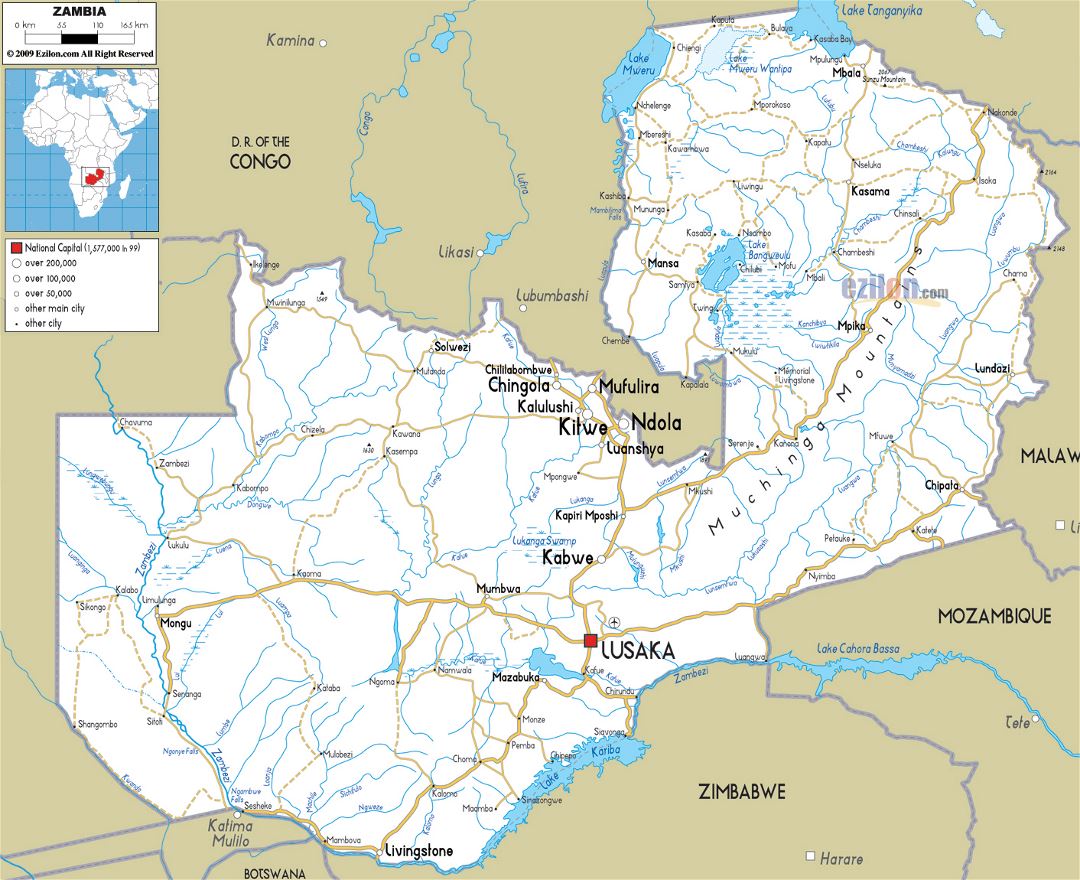 Большая карта дорог Замбии с городами и аэропортами
