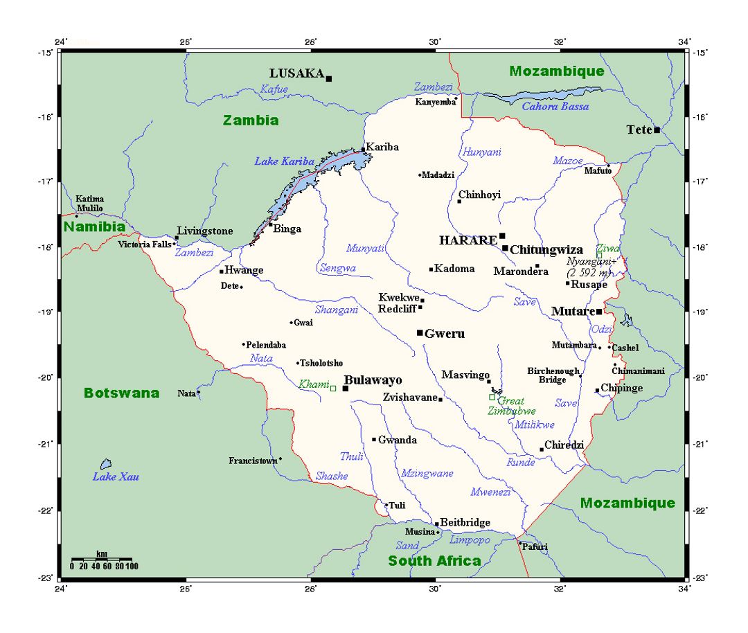Детальная карта Зимбабве со всеми городами