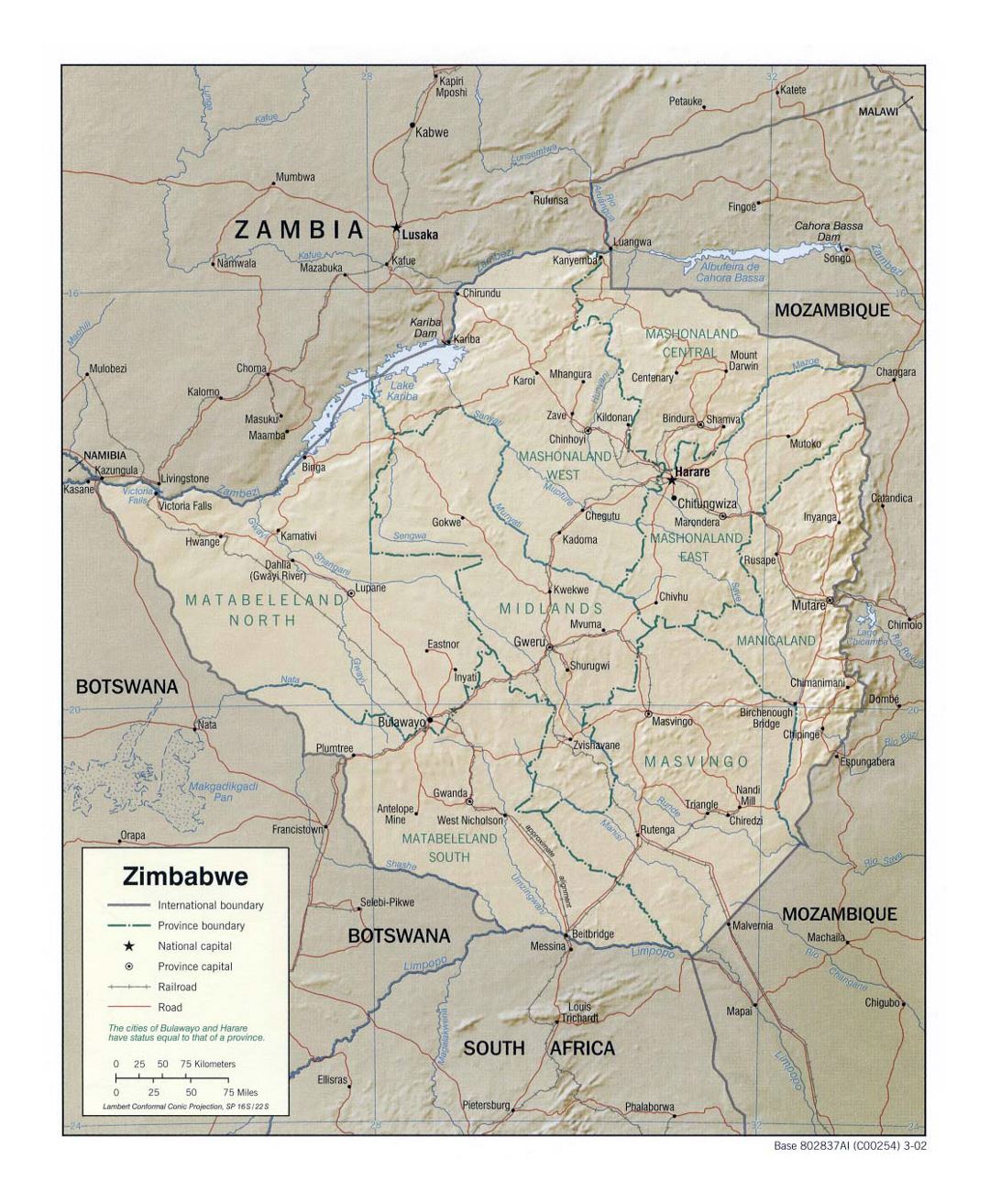 Детальная политическая и административная карта Зимбабве с рельефом, дорогами, железными дорогами и крупными городами - 2002