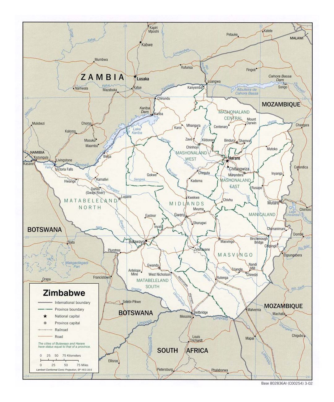Детальная политическая и административная карта Зимбабве с дорогами, железными дорогами и крупными городами - 2002