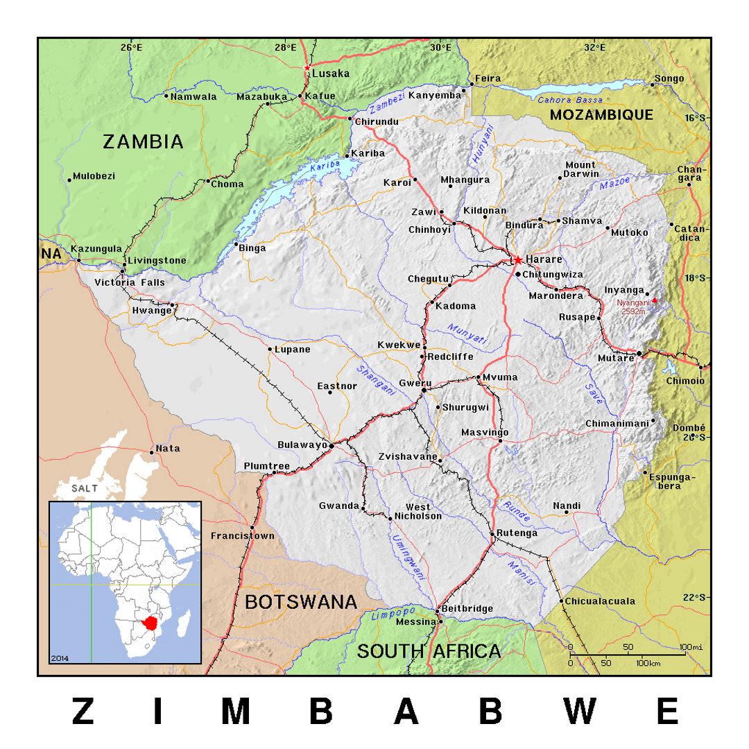 Детальная политическая карта Зимбабве с рельефом