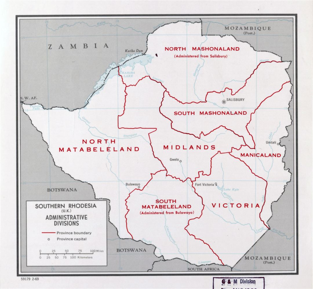 Большая детальная карта административных делений Южной Родезии (Зимбабве) - 1969