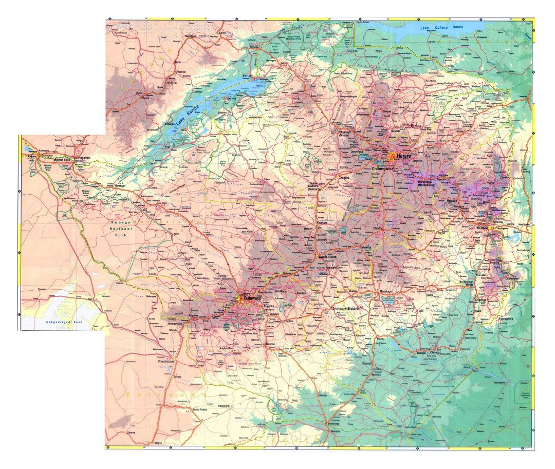 Большая детальная карта высот Зимбабве с дорогами, городами и другими пометками
