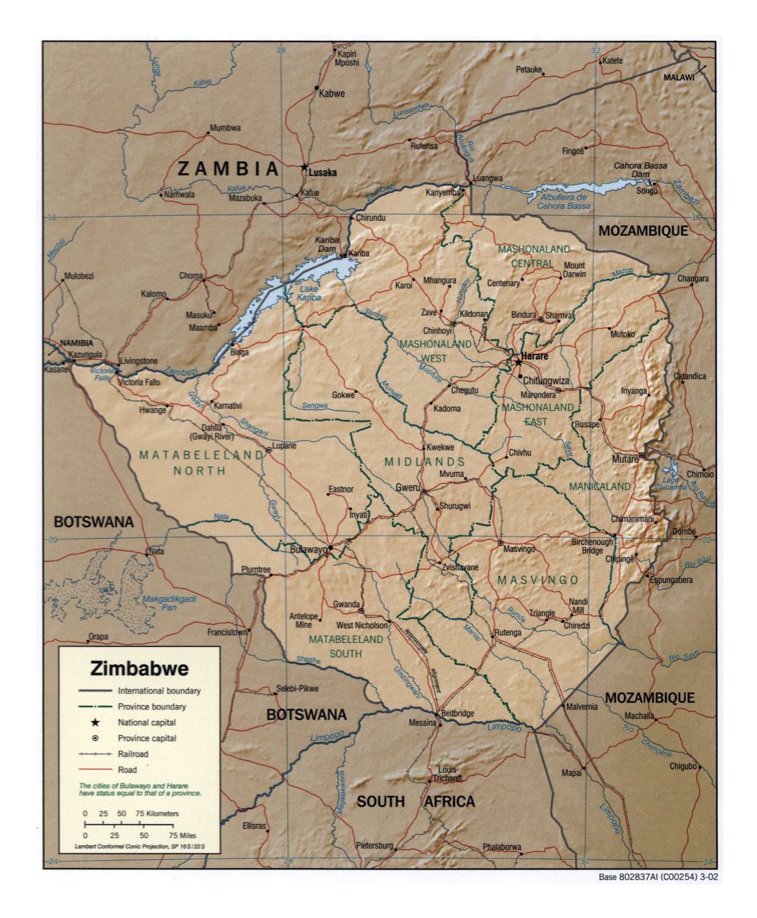 Большая детальная политическая и административная карта Зимбабве с рельефом, дорогами, железными дорогами и крупными городами - 2002