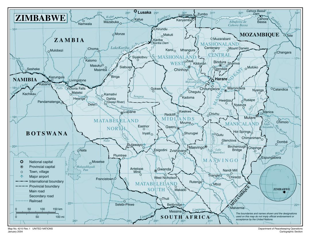Большая детальная политическая и административная карта Зимбабве с дорогами, железными дорогами, всеми городами и аэропортами
