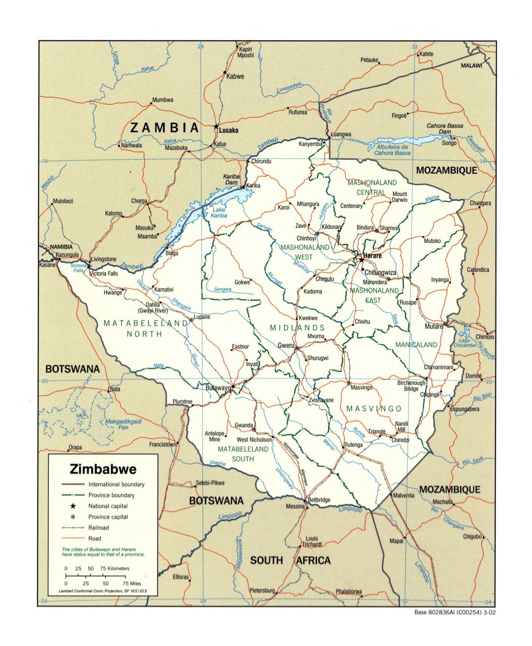 Большая детальная политическая и административная карта Зимбабве с дорогами, железными дорогами и крупными городами - 2002