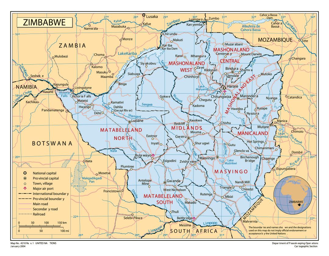 Большая детальная политическая и административная карта Зимбабве с дорогами, железными дорогами, городами и аэропортами