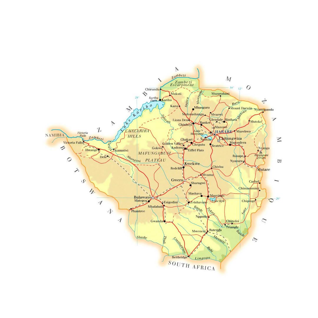 Большая карта высот Зимбабве с дорогами, железными дорогами, городами и аэропортами