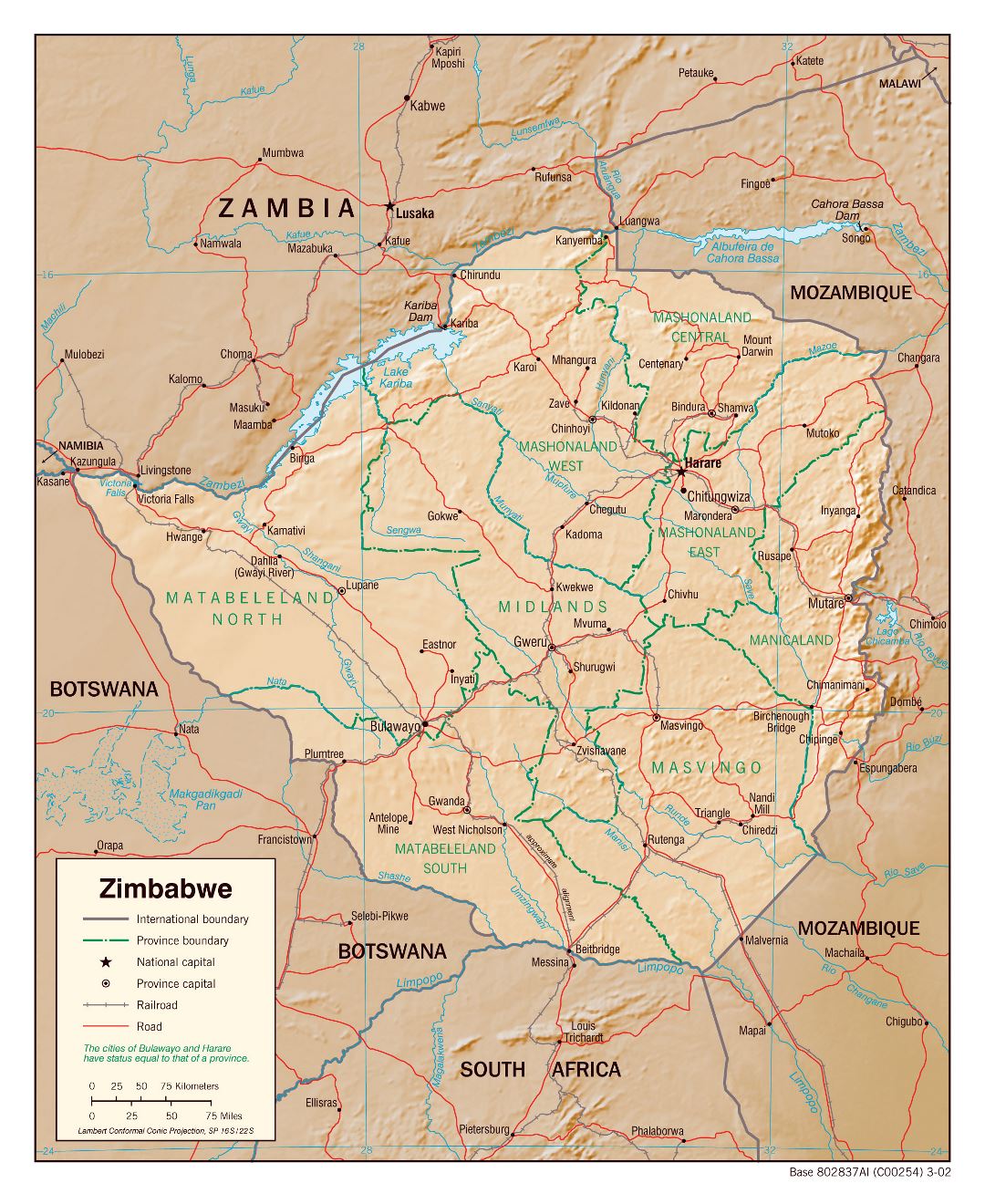 Большая политическая и административная карта Зимбабве с рельефом, дорогами, железными дорогами и крупными городами - 2002