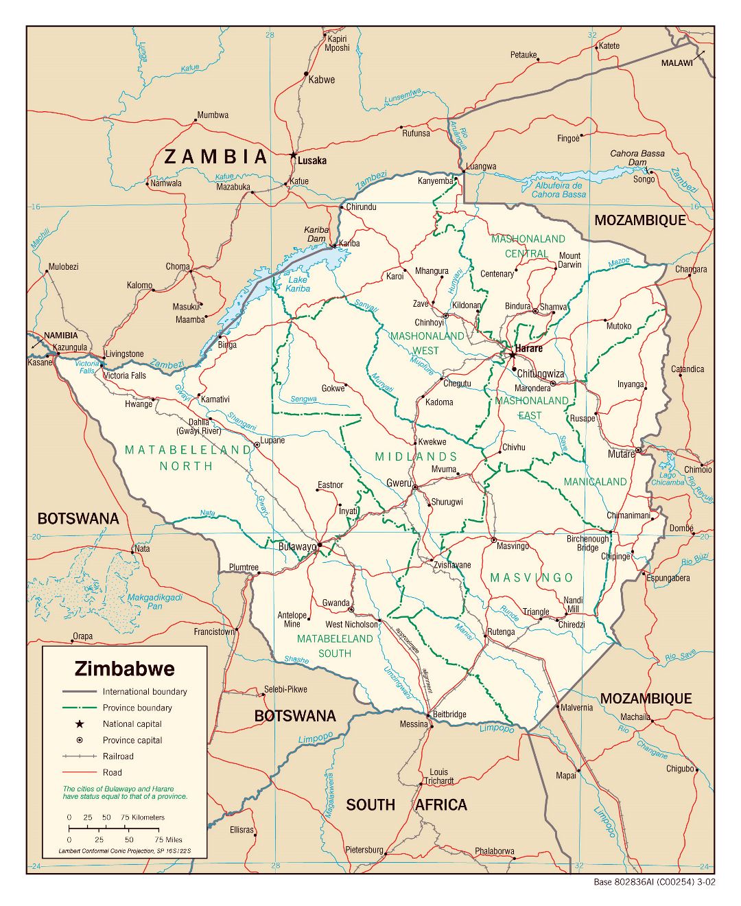 Большая политическая и административная карта Зимбабве с дорогами, железными дорогами и крупными городами - 2002