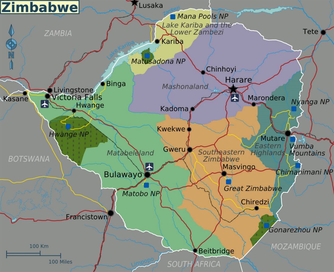 Большая карта регионов Зимбабве