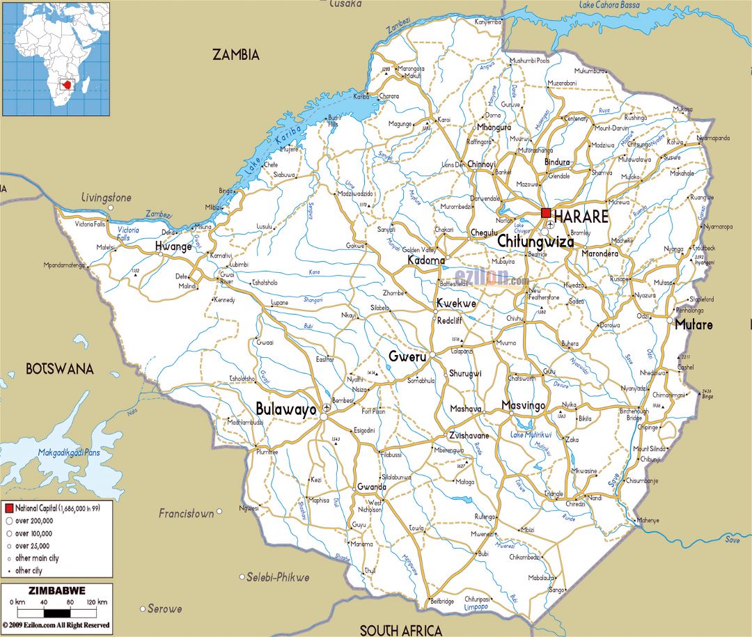 Большая карта дорог Зимбабве с городами и аэропортами