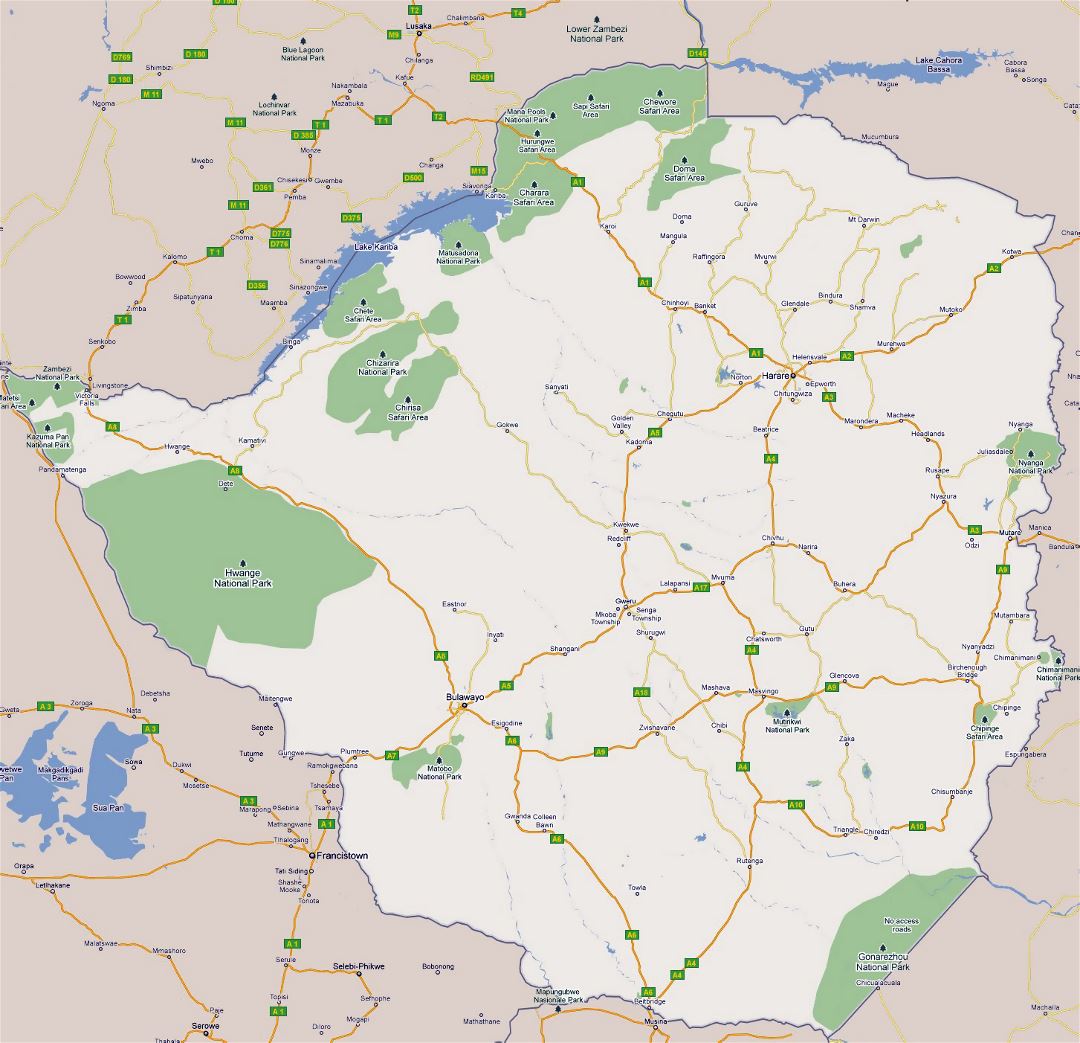 Большая карта дорог Зимбабве с городами и национальными парками