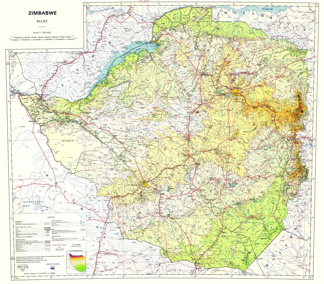 Крупномасштабная карта рельефа Зимбабве с другими пометками