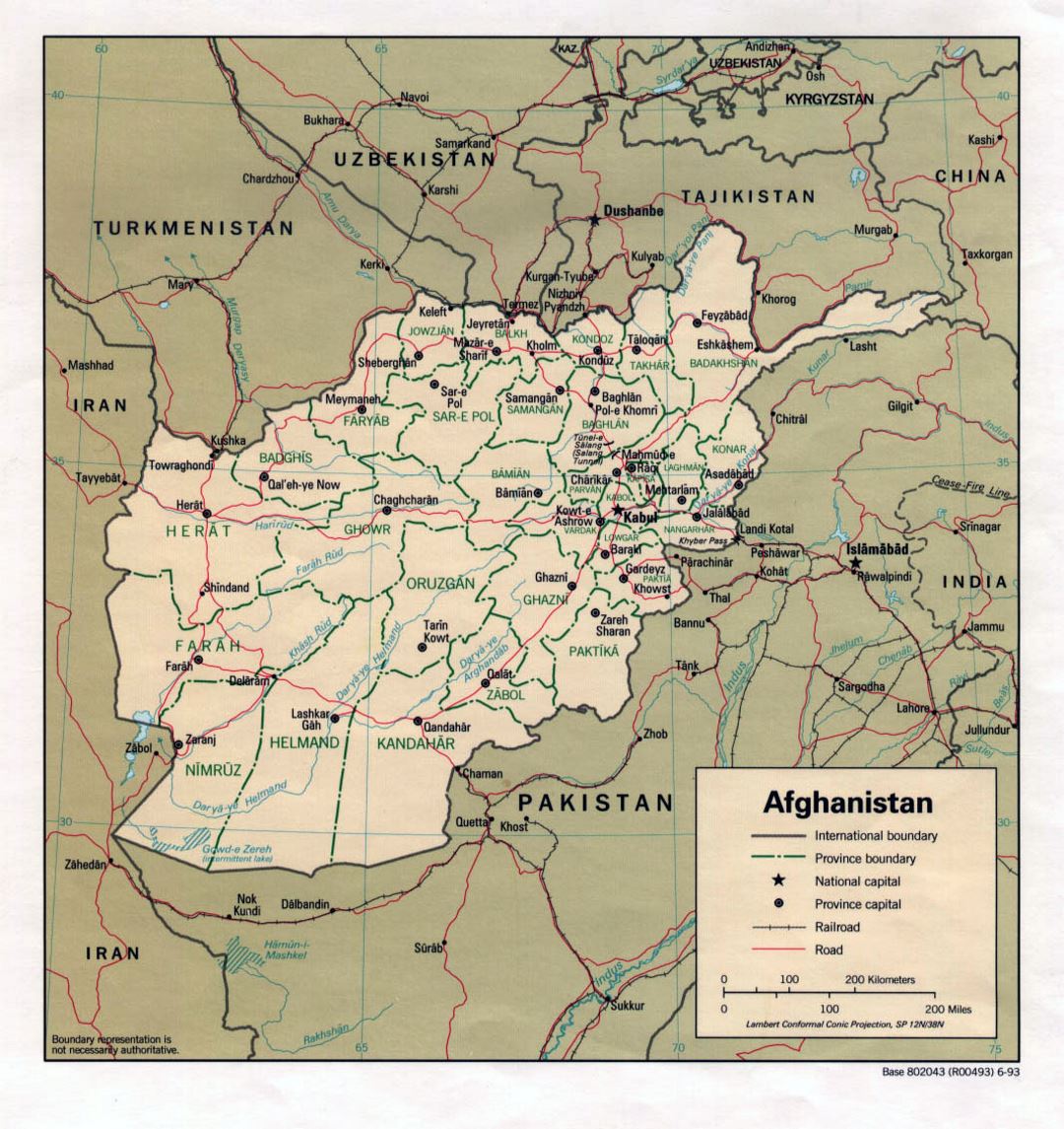 Детальная политическая и административная карта Афганистана с крупными городами и дорогами - 1993