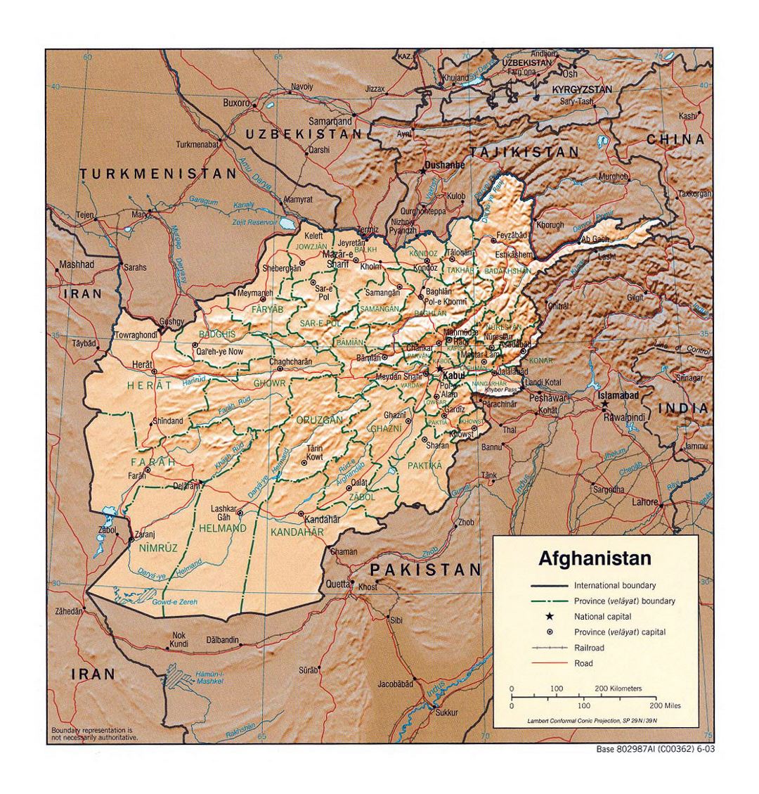 Детальная политическая и административная карта Афганистана с рельефом - 2003