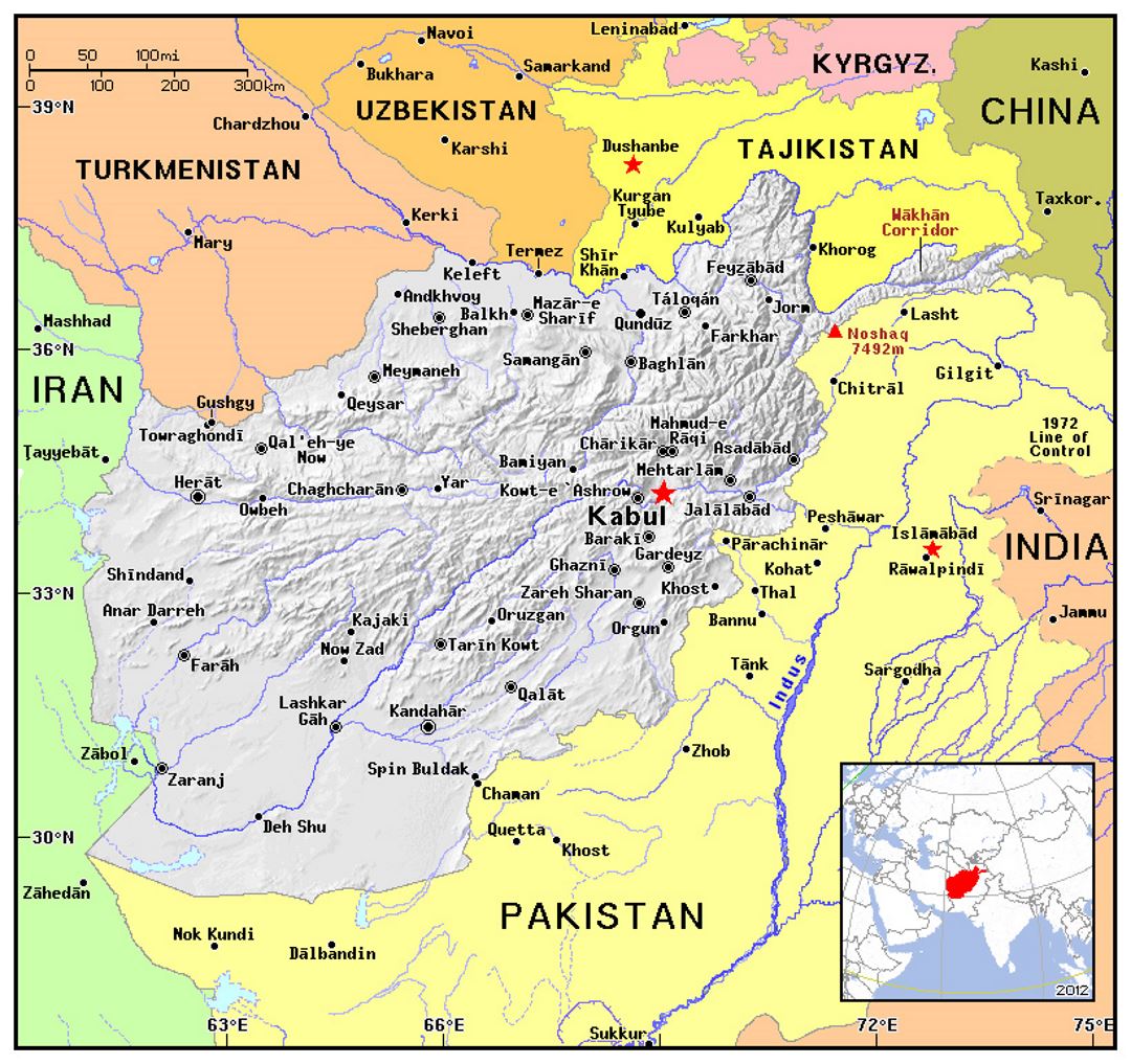 Детальная политическая карта Афганистана с рельефом