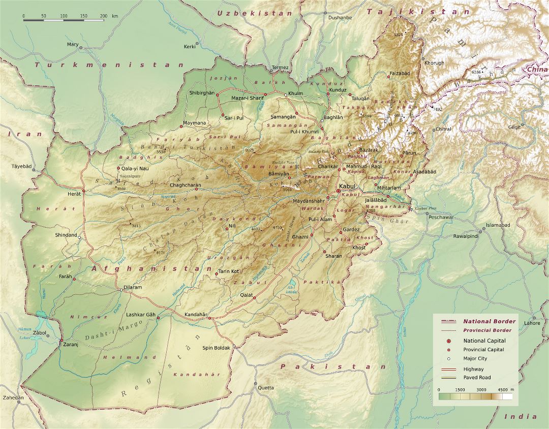 Большая детальная физическая карта Афганистана с дорогами, автомагистралями и крупными городами
