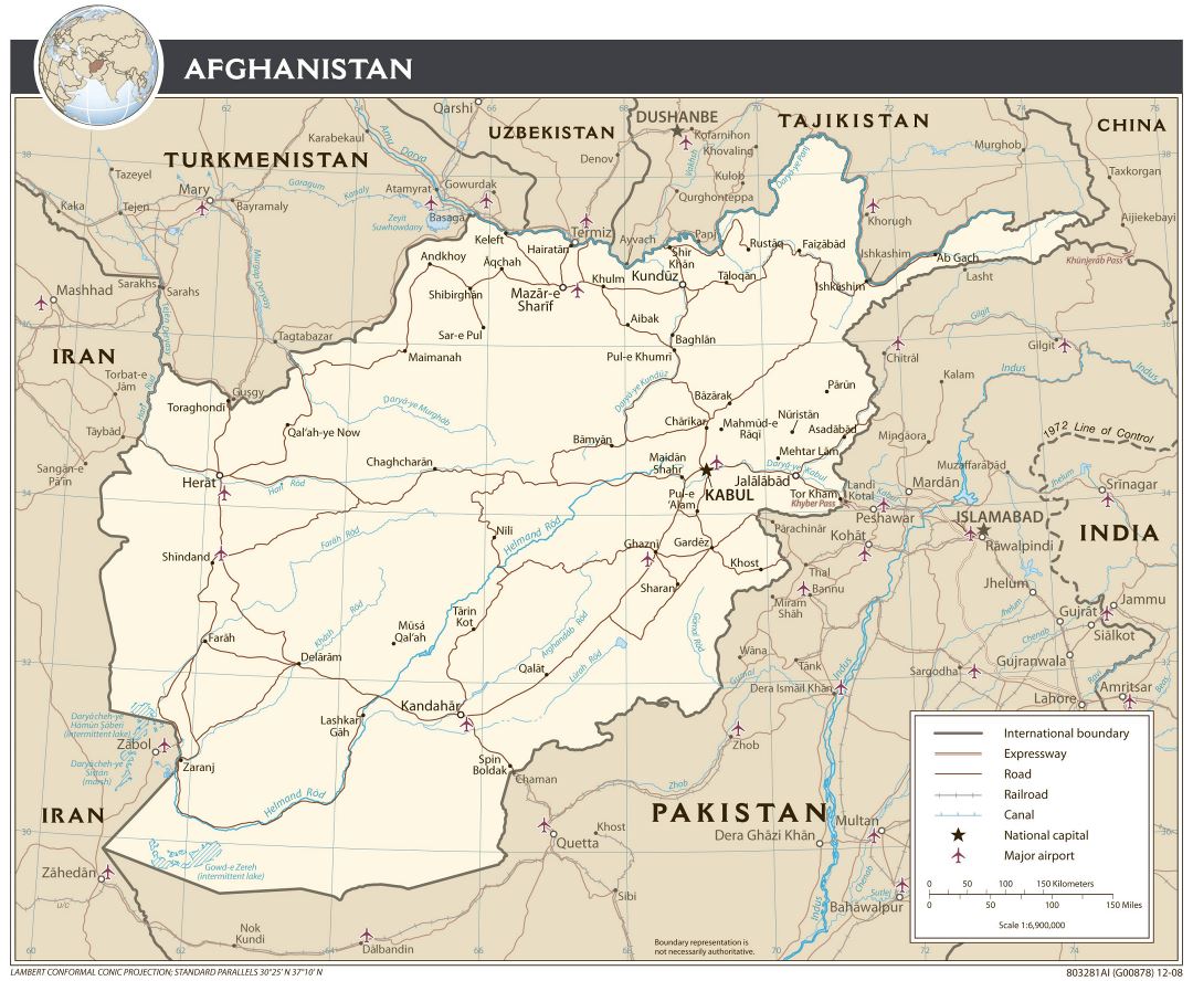 Большая детальная политическая карта Афганистана с дорогами, аэропортами и крупными городами - 2008