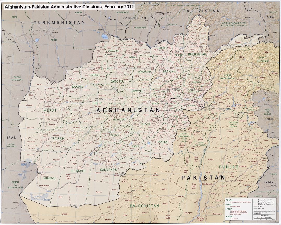 Крупномасштабная карта административных делений Афганистана и Пакистана с рельефом, дорогами, железными дорогами и крупными городами - 2012