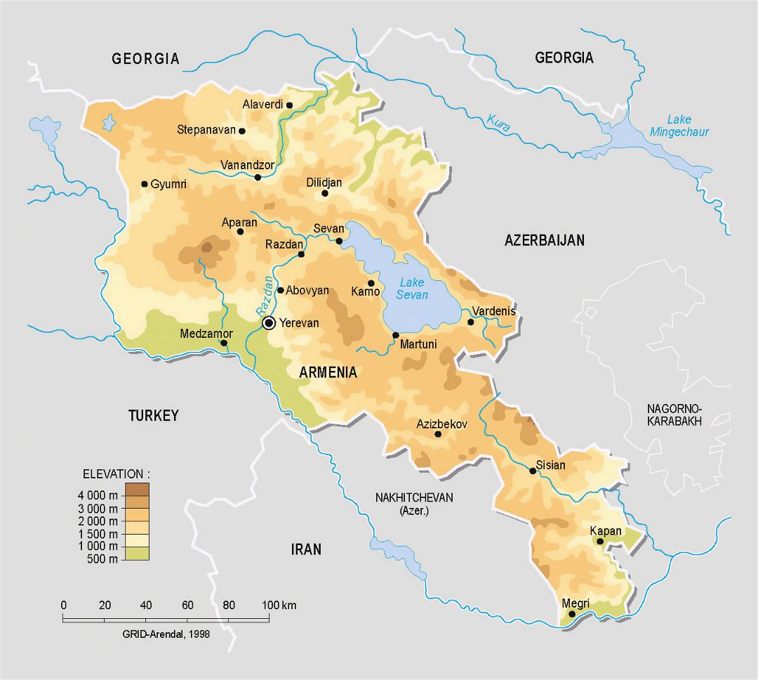 Детальная физическая карта Армении